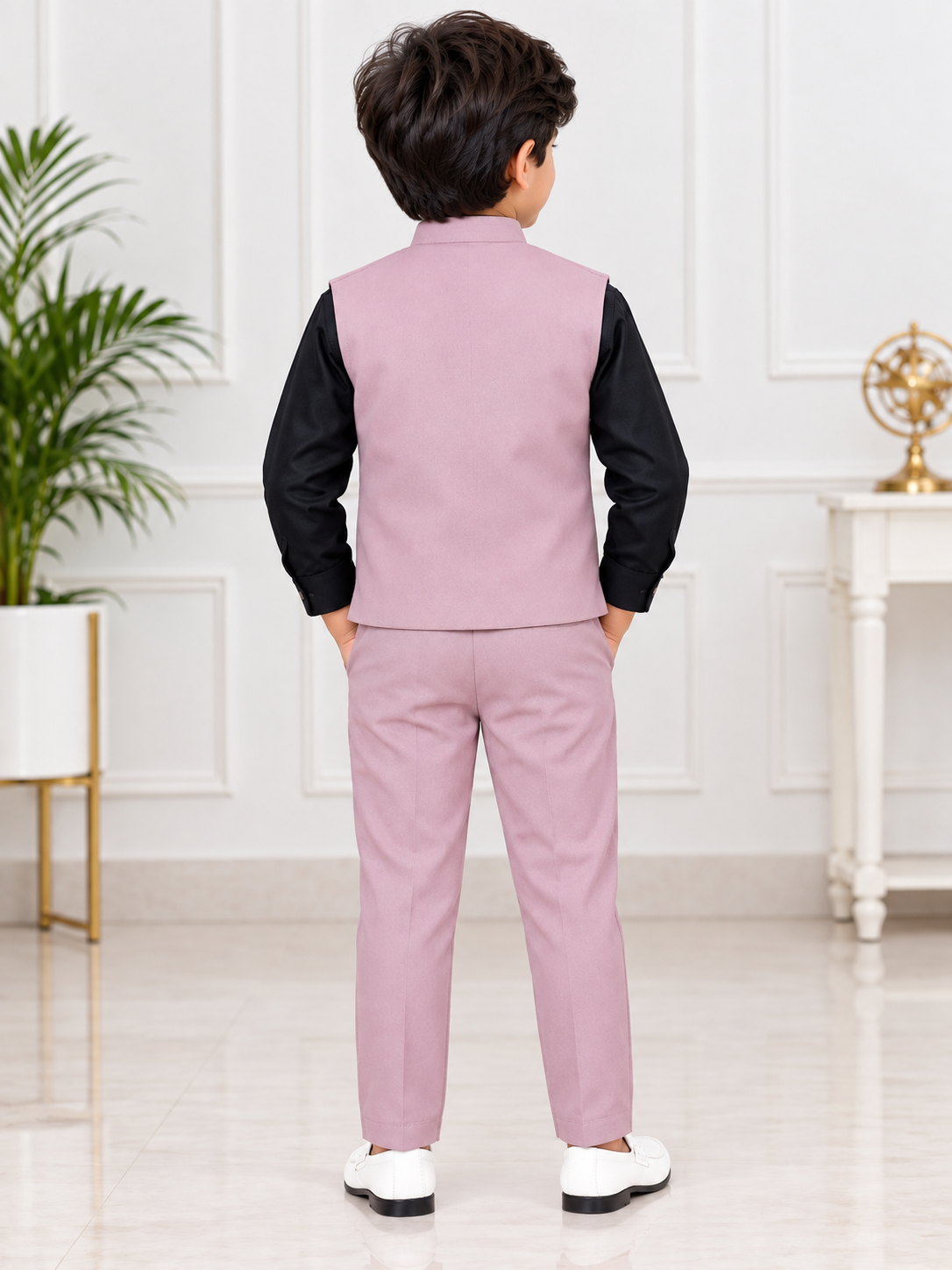Boys Dusty Pink Embroidered Blazer with Black Shirt & Matching Pant Party Wear Set