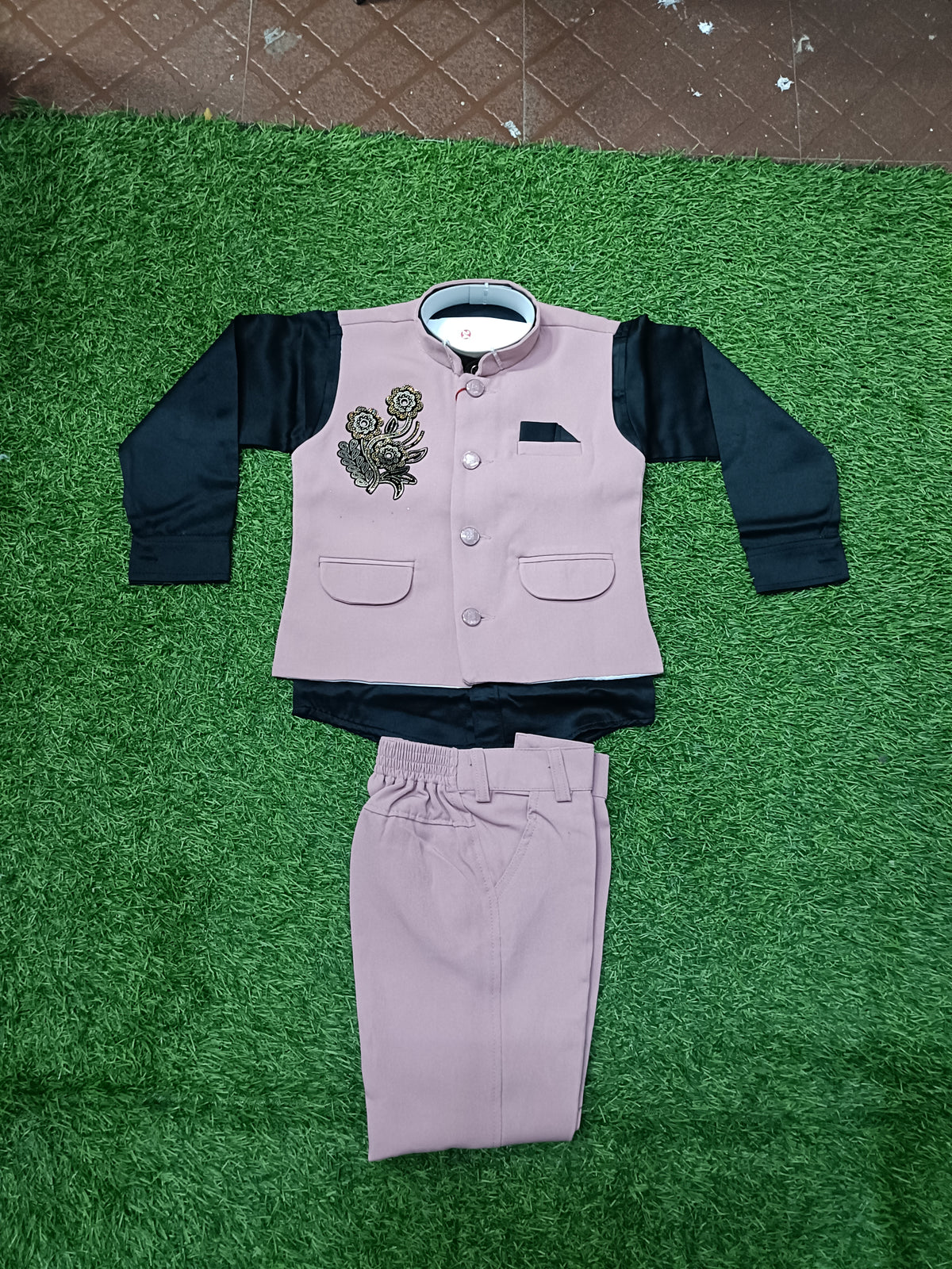 Boys Dusty Pink Embroidered Blazer with Black Shirt & Matching Pant Party Wear Set