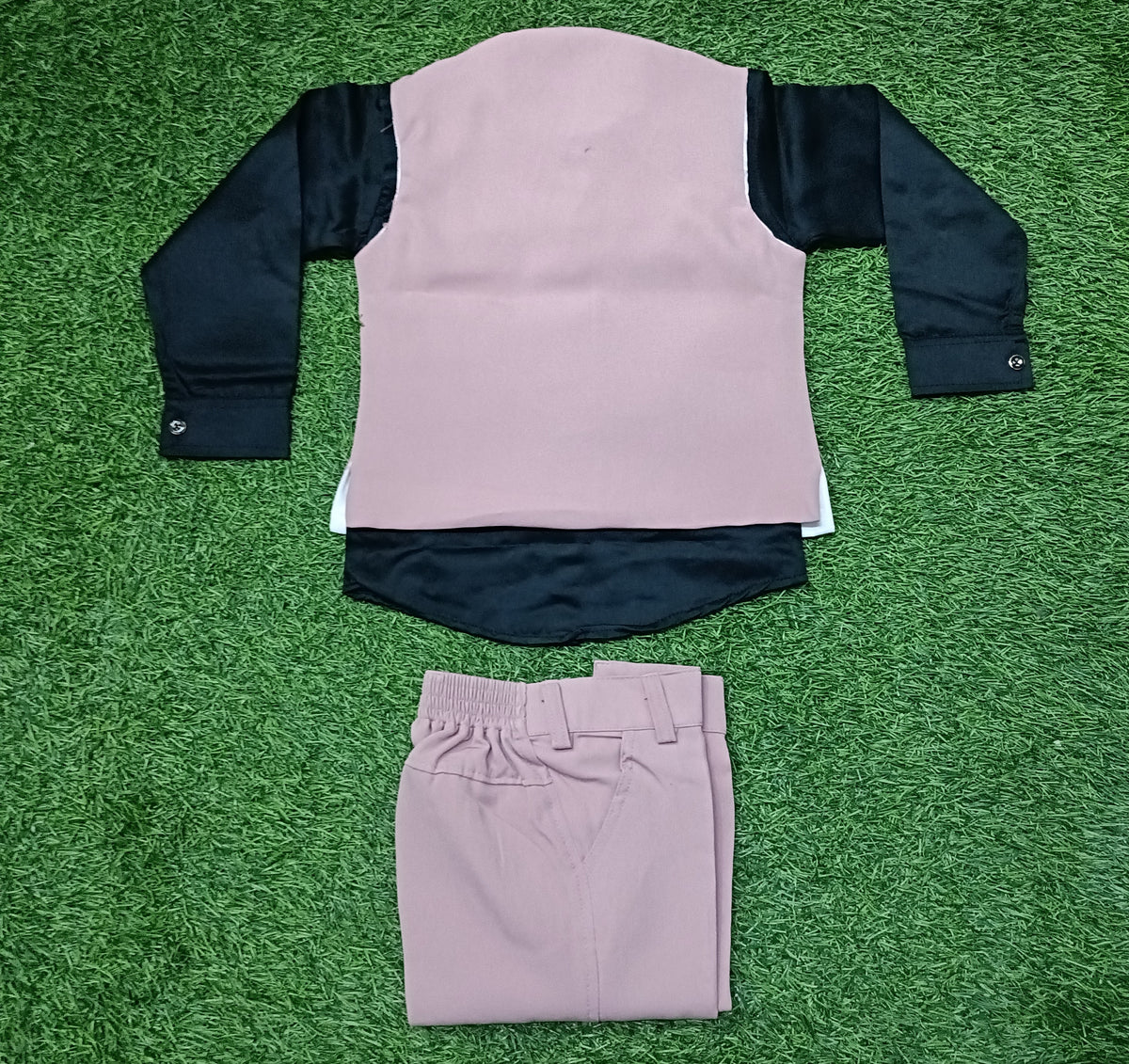 Boys Dusty Pink Embroidered Blazer with Black Shirt & Matching Pant Party Wear Set