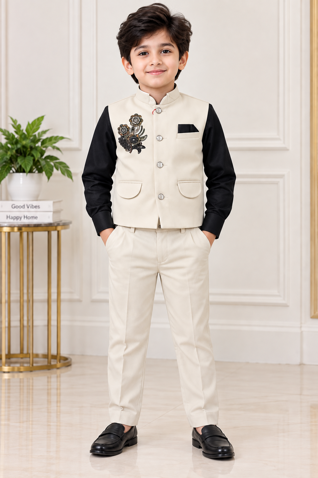Boys Light Pista Green Embroidered Blazer with Black Shirt & Matching Pant Party Wear Set