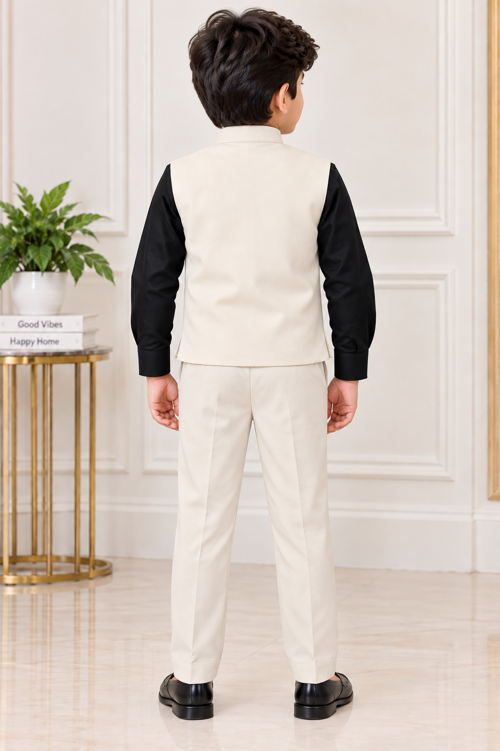 Boys Light Pista Green Embroidered Blazer with Black Shirt & Matching Pant Party Wear Set