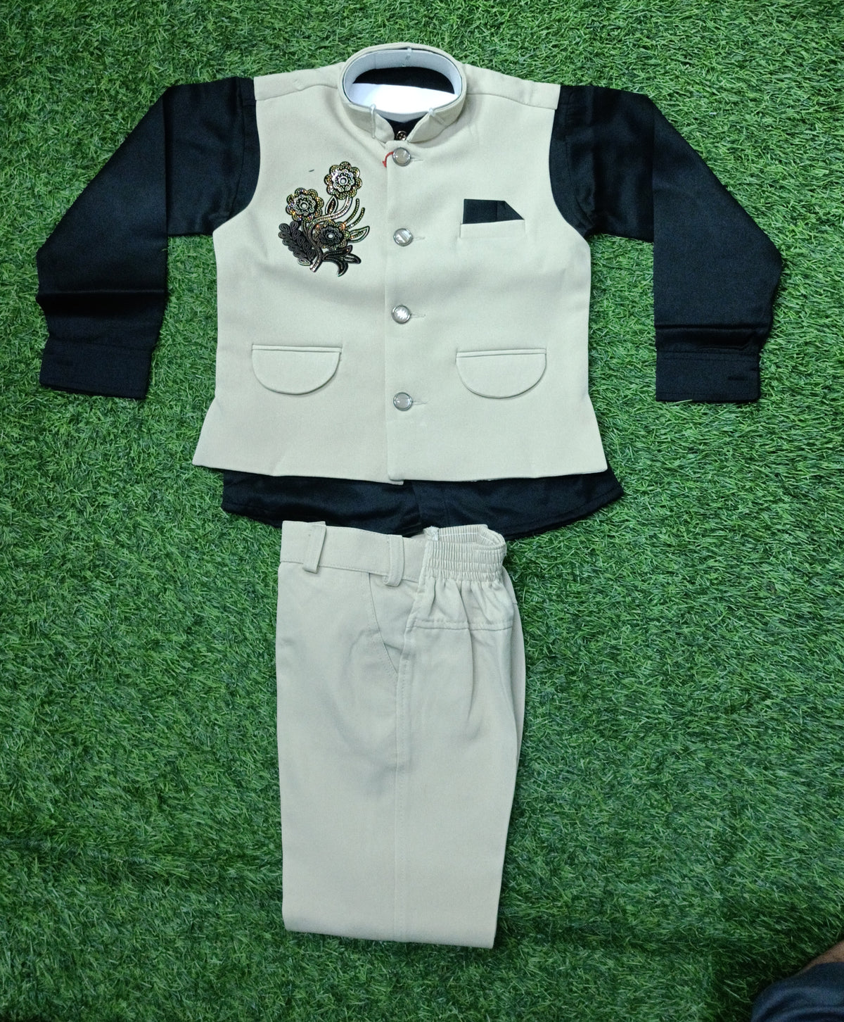 Boys Light Pista Green Embroidered Blazer with Black Shirt & Matching Pant Party Wear Set