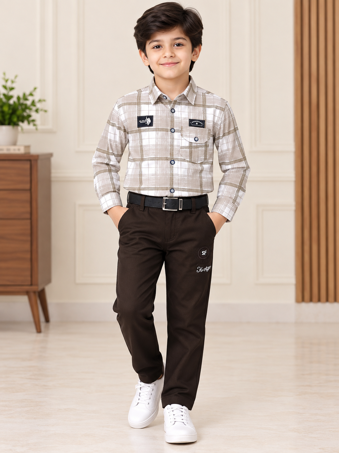 Boys Beige & White Checked Shirt with Chocolate Brown Cargo Pant Set