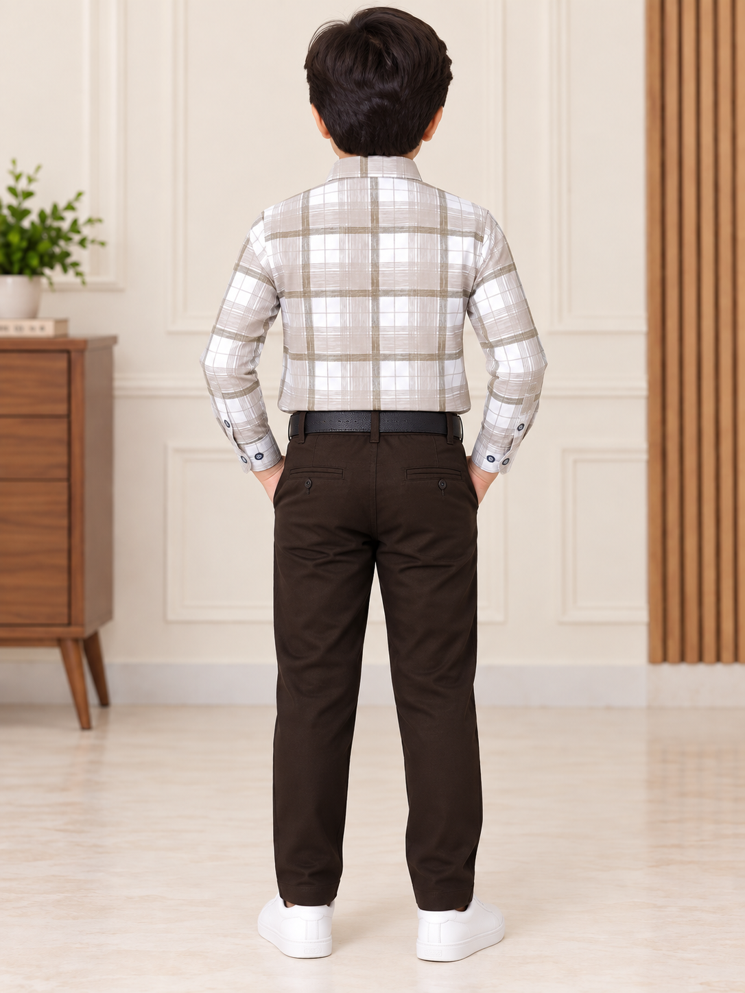 Boys Beige & White Checked Shirt with Chocolate Brown Cargo Pant Set