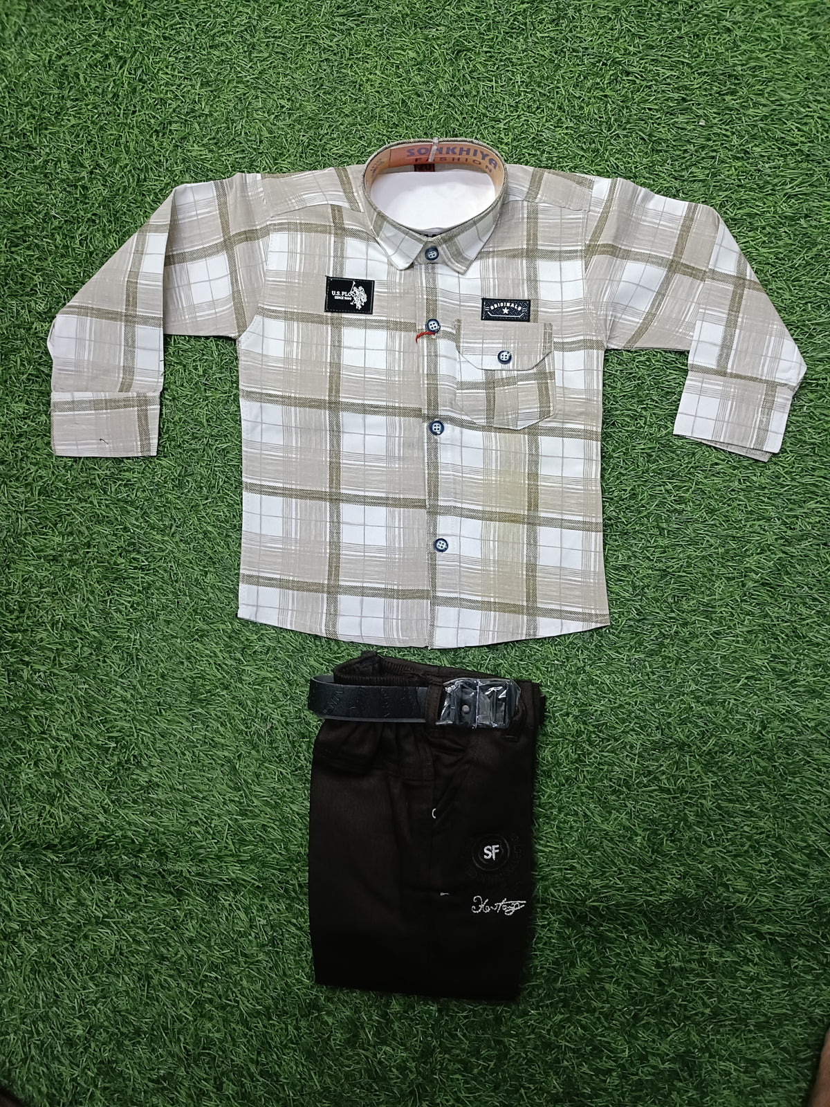 Boys Beige & White Checked Shirt with Chocolate Brown Cargo Pant Set