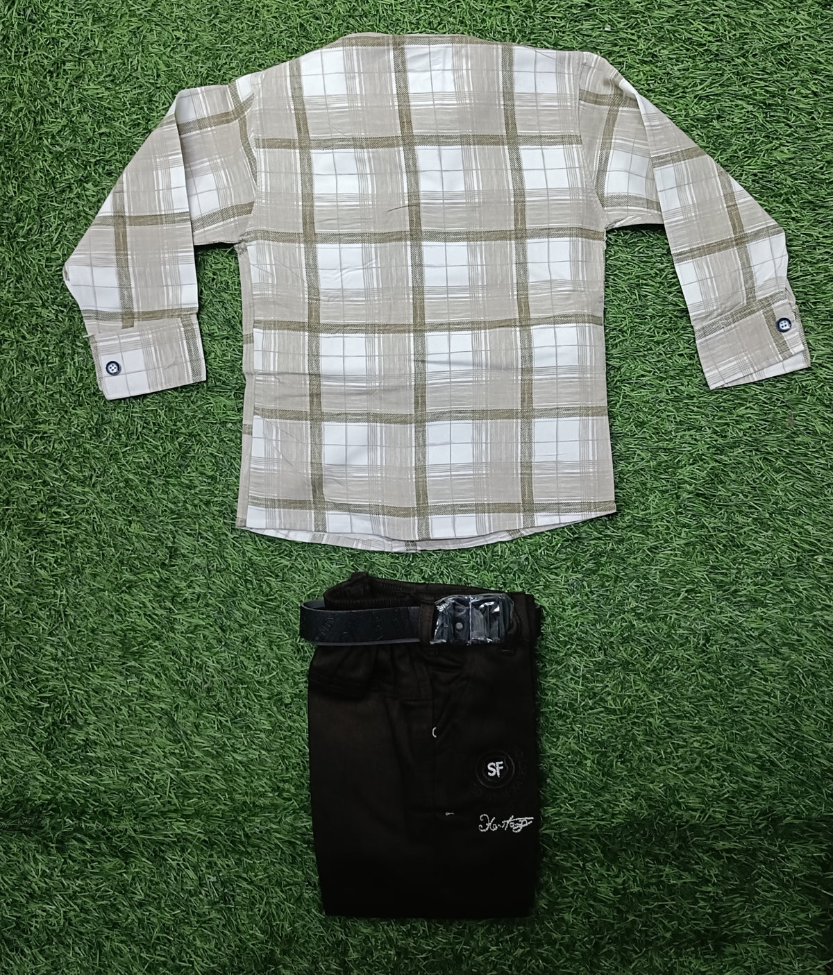 Boys Beige & White Checked Shirt with Chocolate Brown Cargo Pant Set