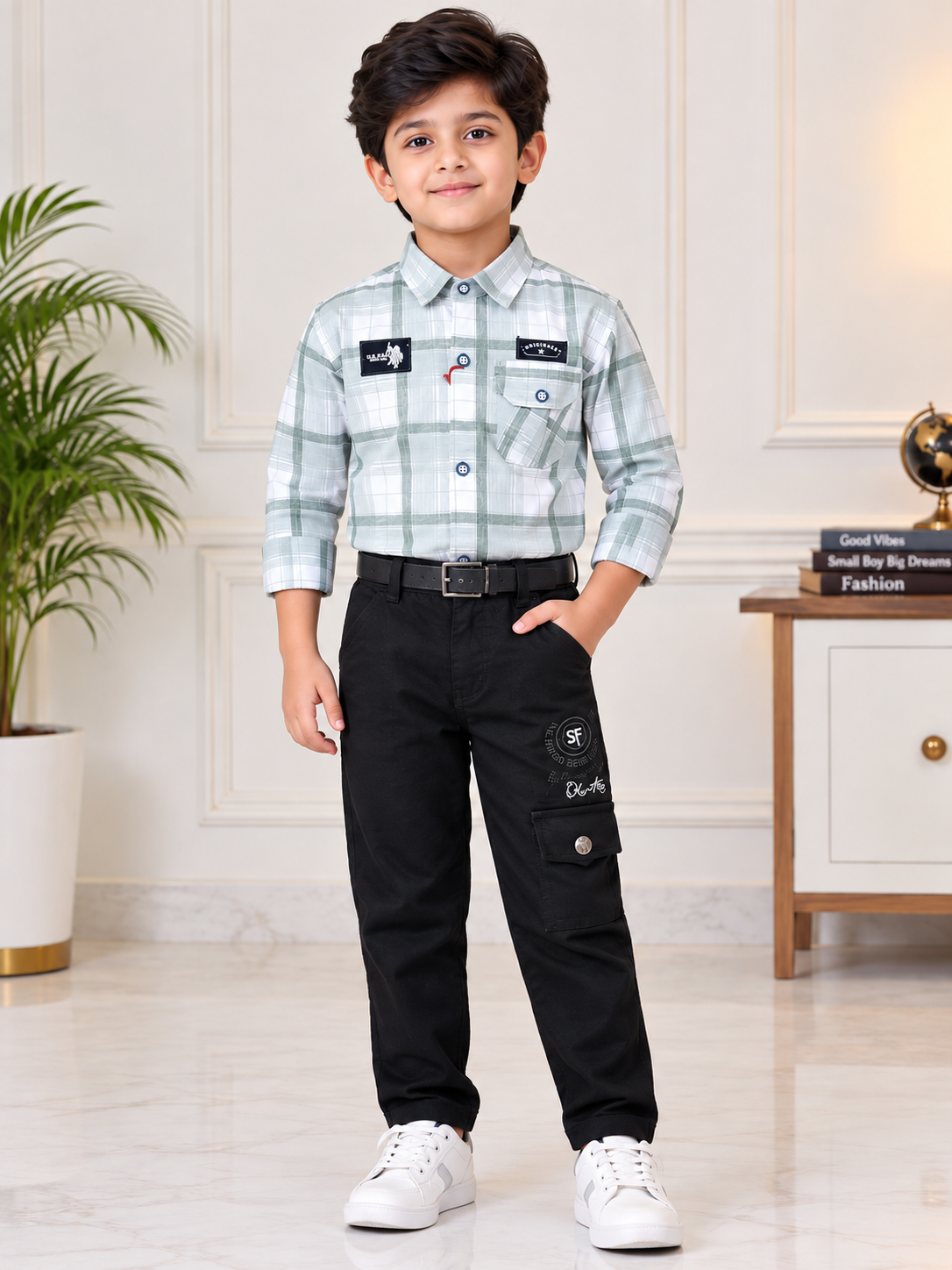 Boys White & Light Olive Checkered Shirt with Dark Olive Green Cargo Pant Set