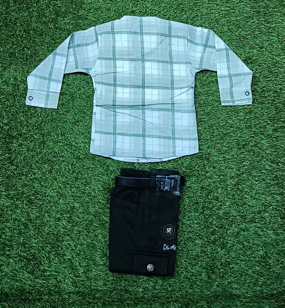 Boys White & Light Olive Checkered Shirt with Dark Olive Green Cargo Pant Set