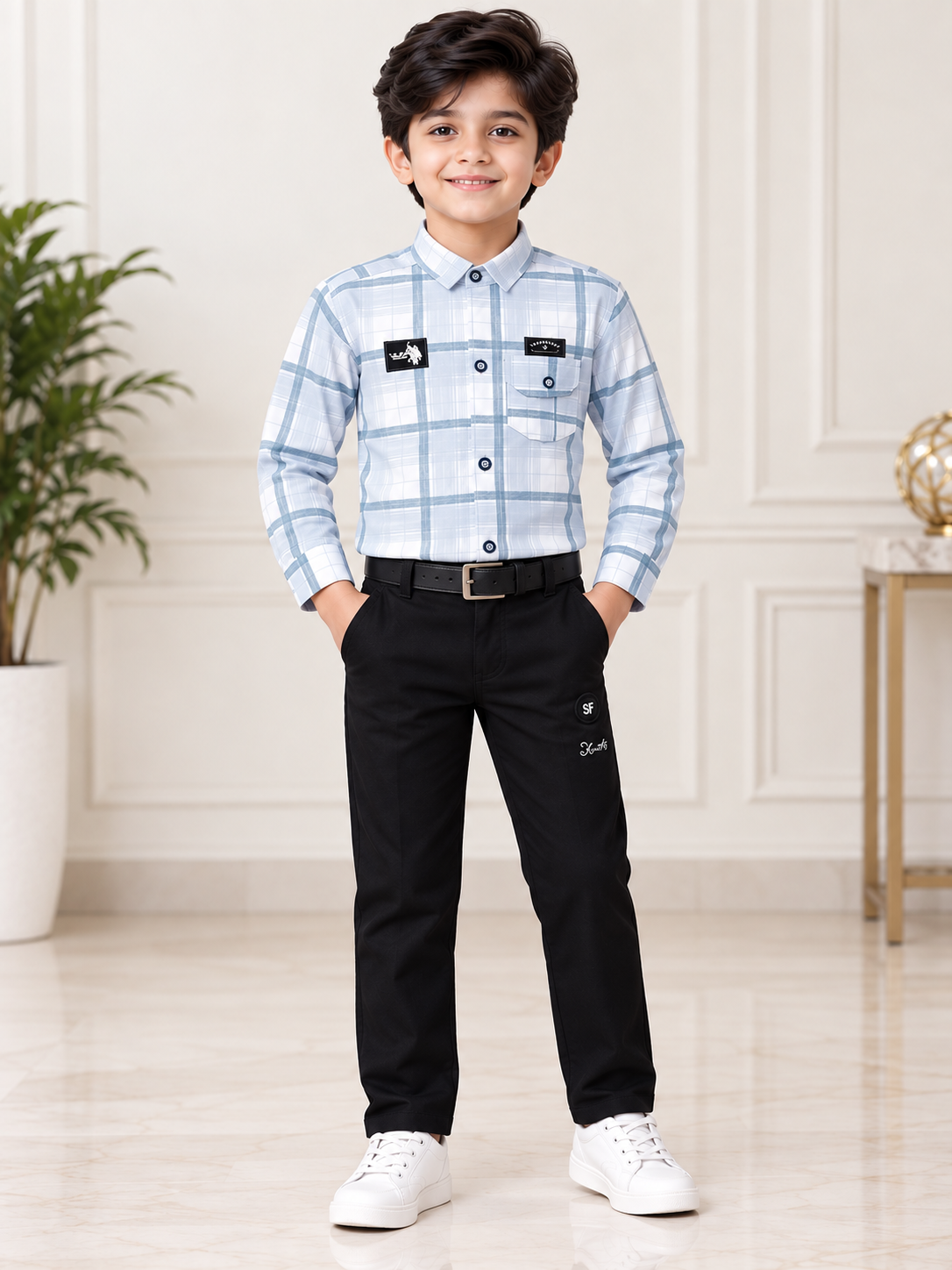 Boys White & Light Blue Checkered Shirt with Navy Blue Pant & Belt Set