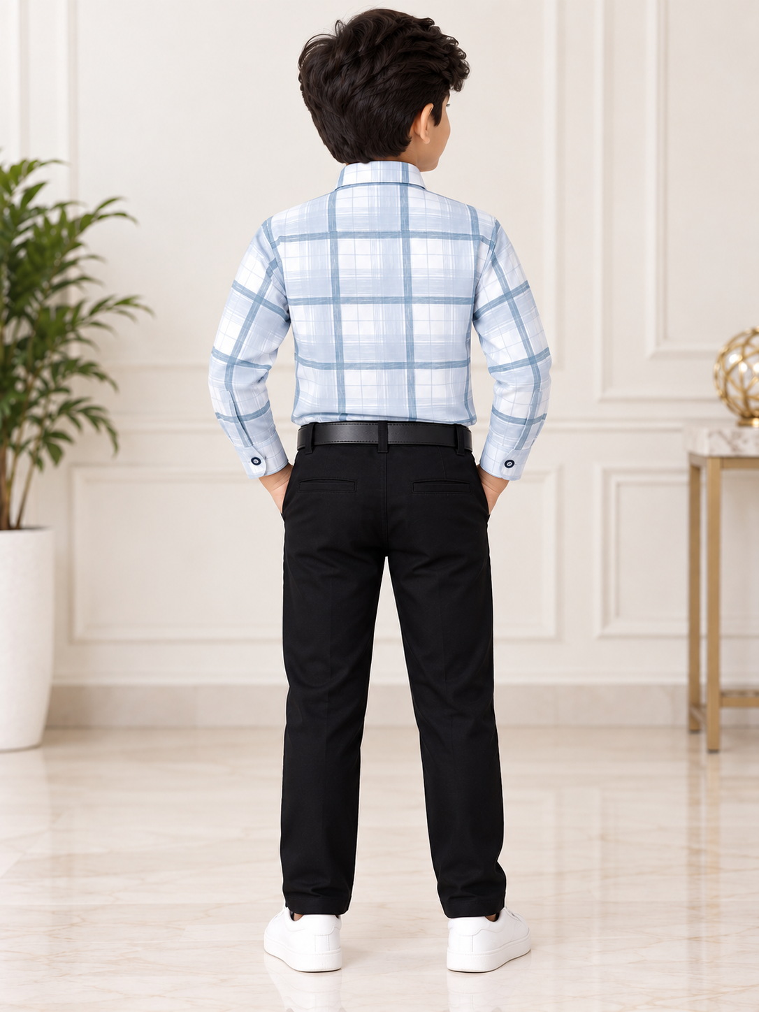 Boys White & Light Blue Checkered Shirt with Navy Blue Pant & Belt Set