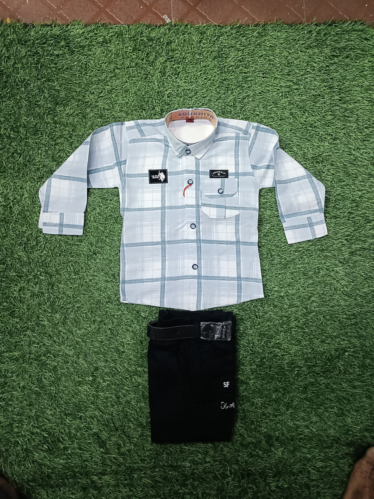 Boys White & Light Blue Checkered Shirt with Navy Blue Pant & Belt Set