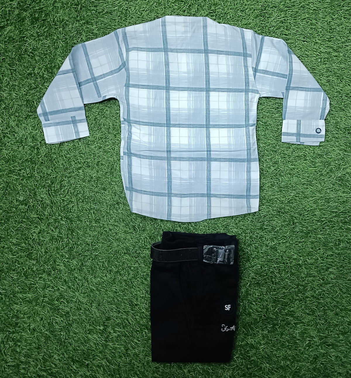 Boys White & Light Blue Checkered Shirt with Navy Blue Pant & Belt Set