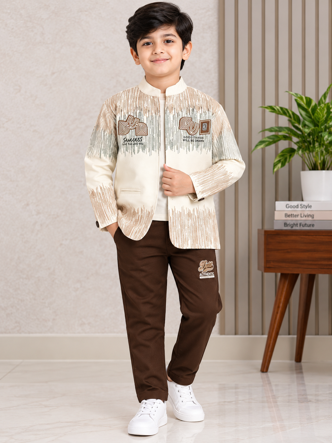 Boys White, Brown, and Green Printed Coat, Inner T-Shirt, and Dark Brown Elastic Waist Pant Set
