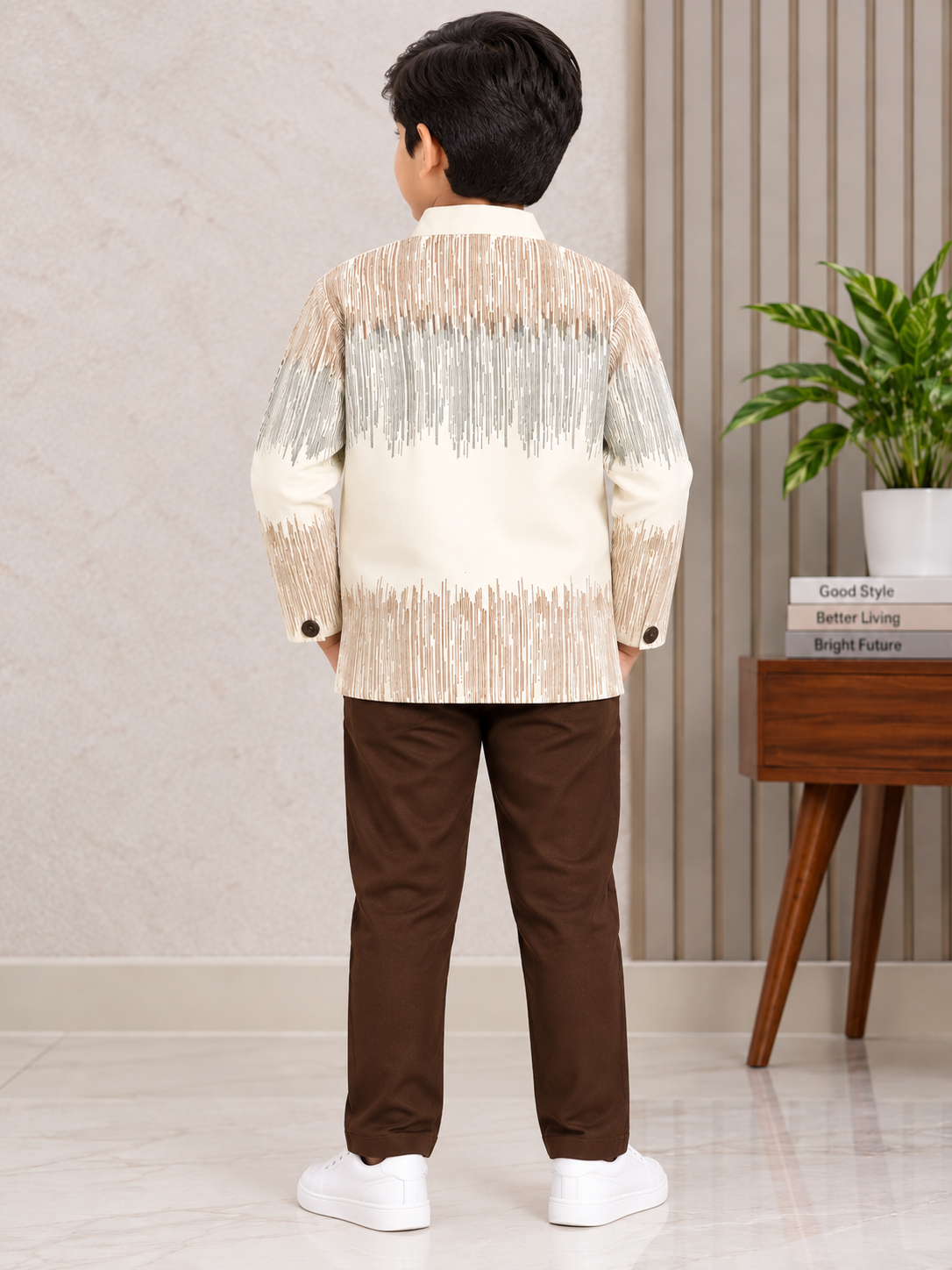 Boys White, Brown, and Green Printed Coat, Inner T-Shirt, and Dark Brown Elastic Waist Pant Set