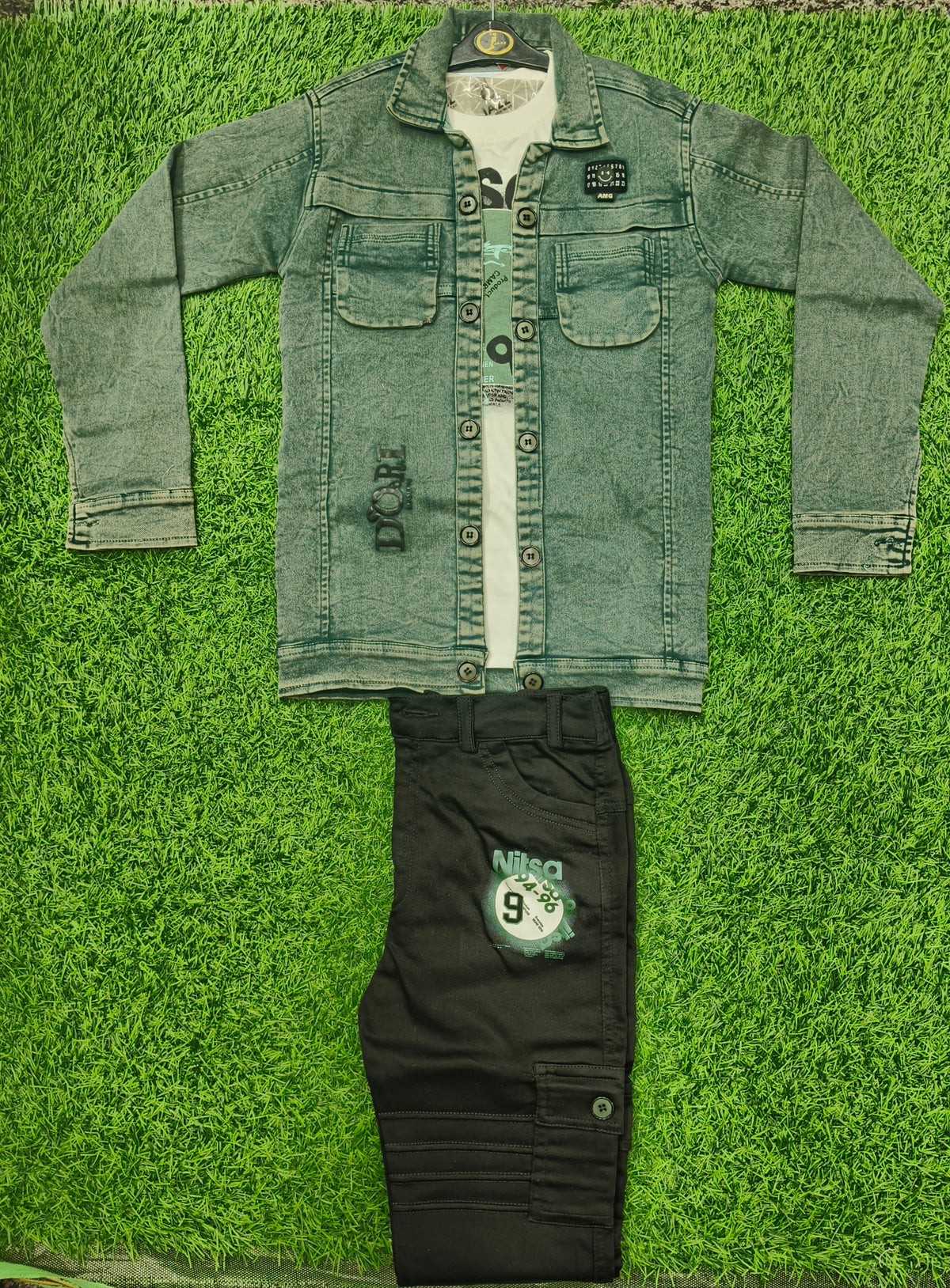 Boys Light Green Denim Jacket and Black Elastic Waist Pant Set