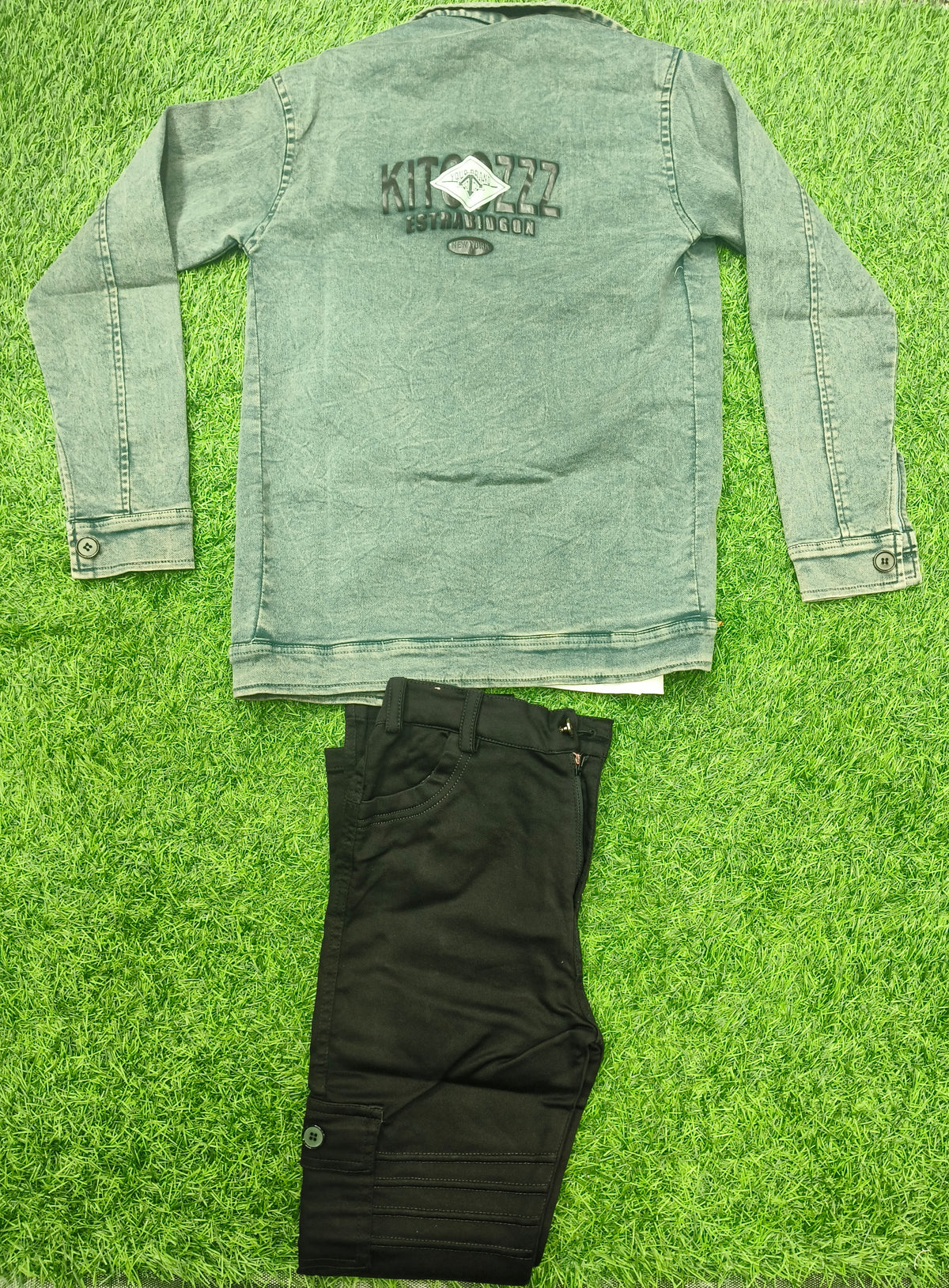 Boys Light Green Denim Jacket and Black Elastic Waist Pant Set
