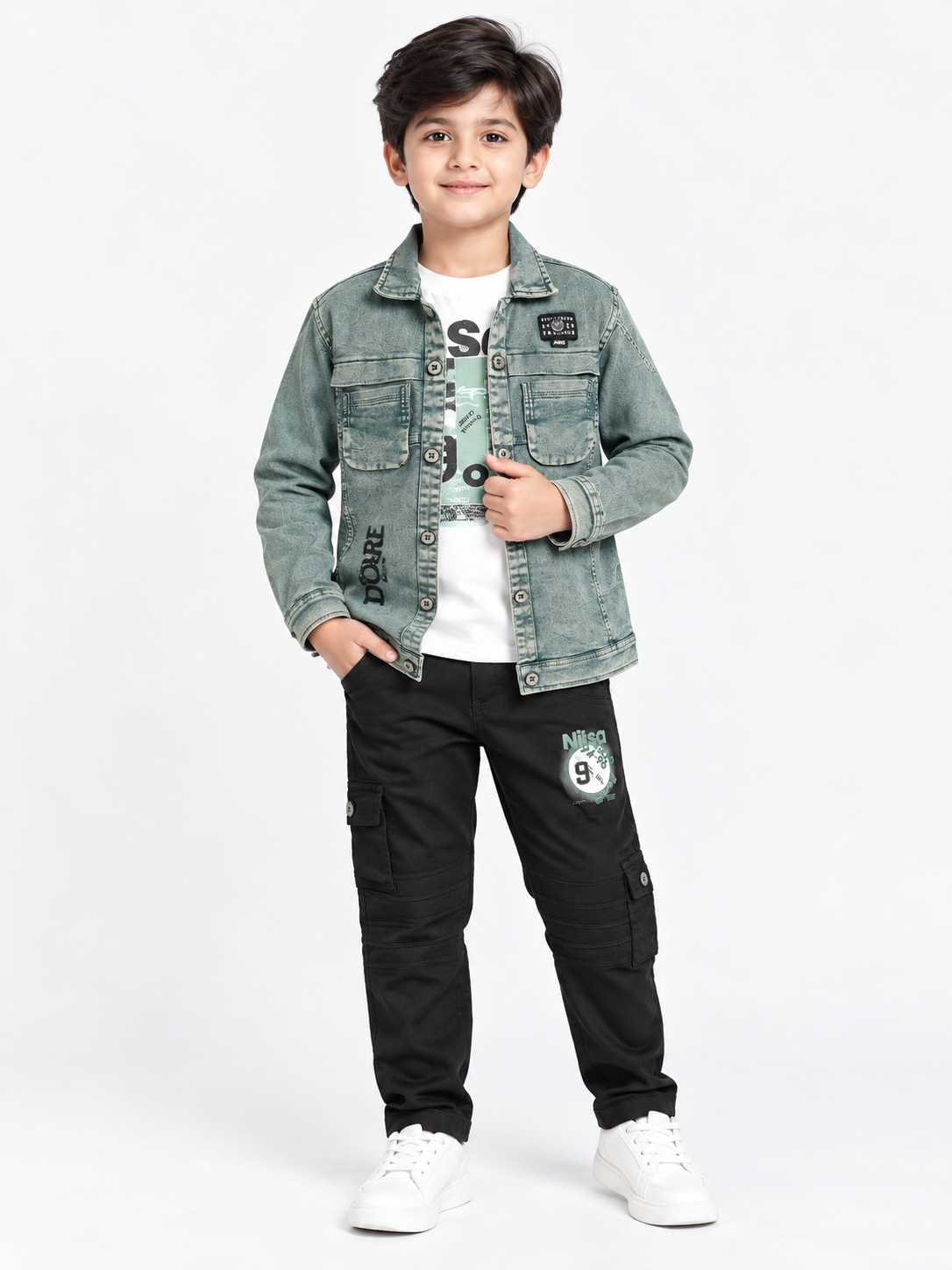 Boys Light Green Denim Jacket and Black Elastic Waist Pant Set