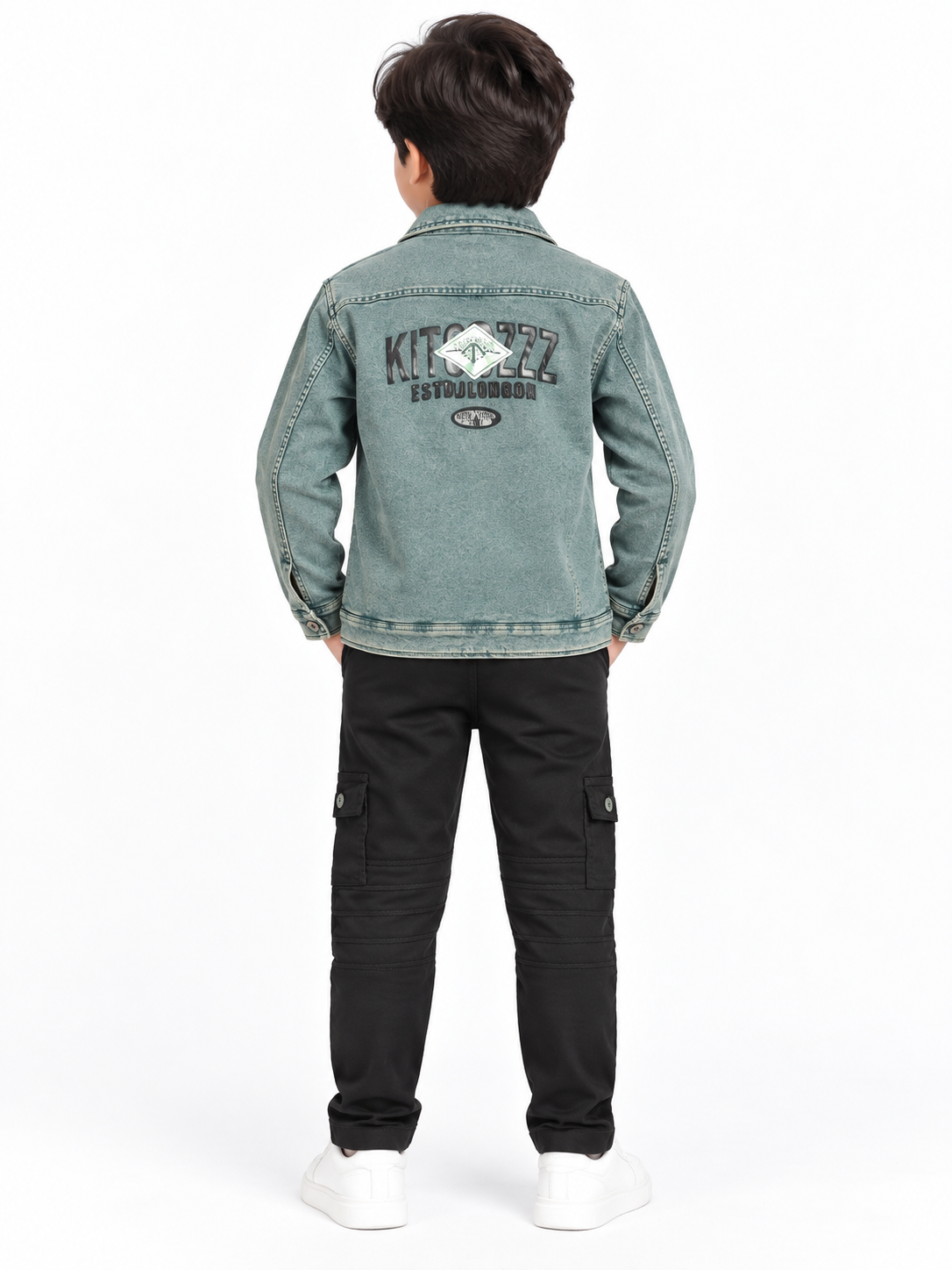 Boys Light Green Denim Jacket and Black Elastic Waist Pant Set