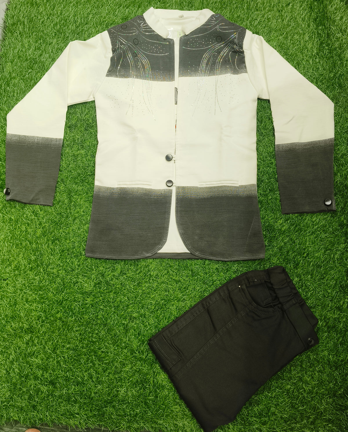 Boys Dark Grey and White Gradient Coat, T-Shirt, and Dark Grey Elastic Waist Pant Set
