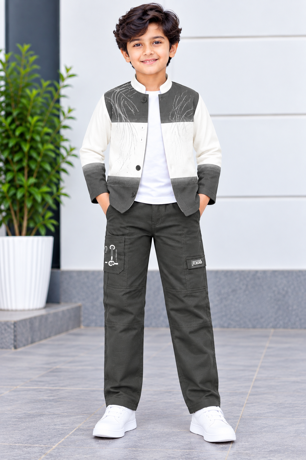 Boys Dark Grey and White Gradient Coat, T-Shirt, and Dark Grey Elastic Waist Pant Set