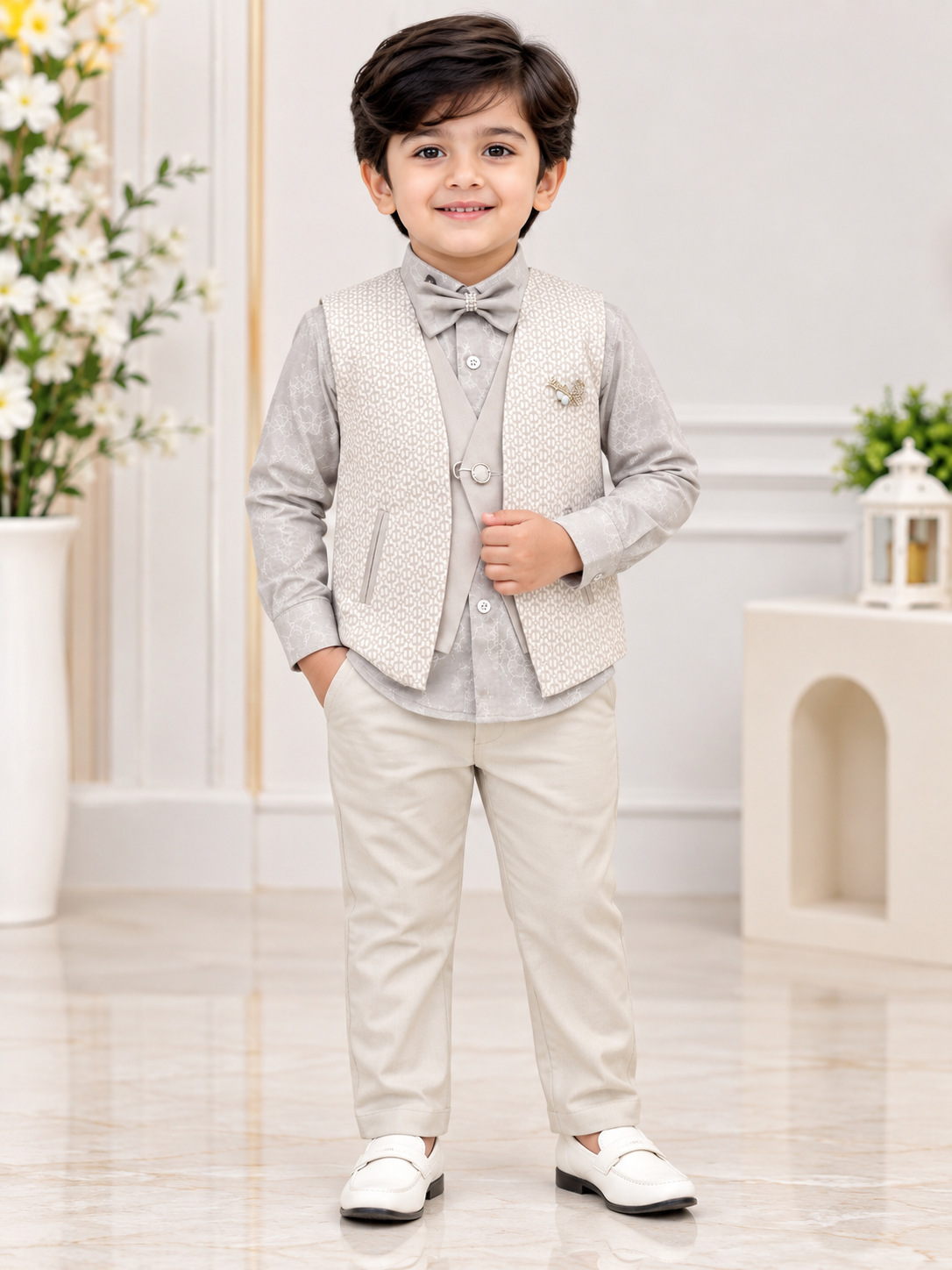 Boys Light Grey Printed Blazer Shirt & Pant Party Wear Set