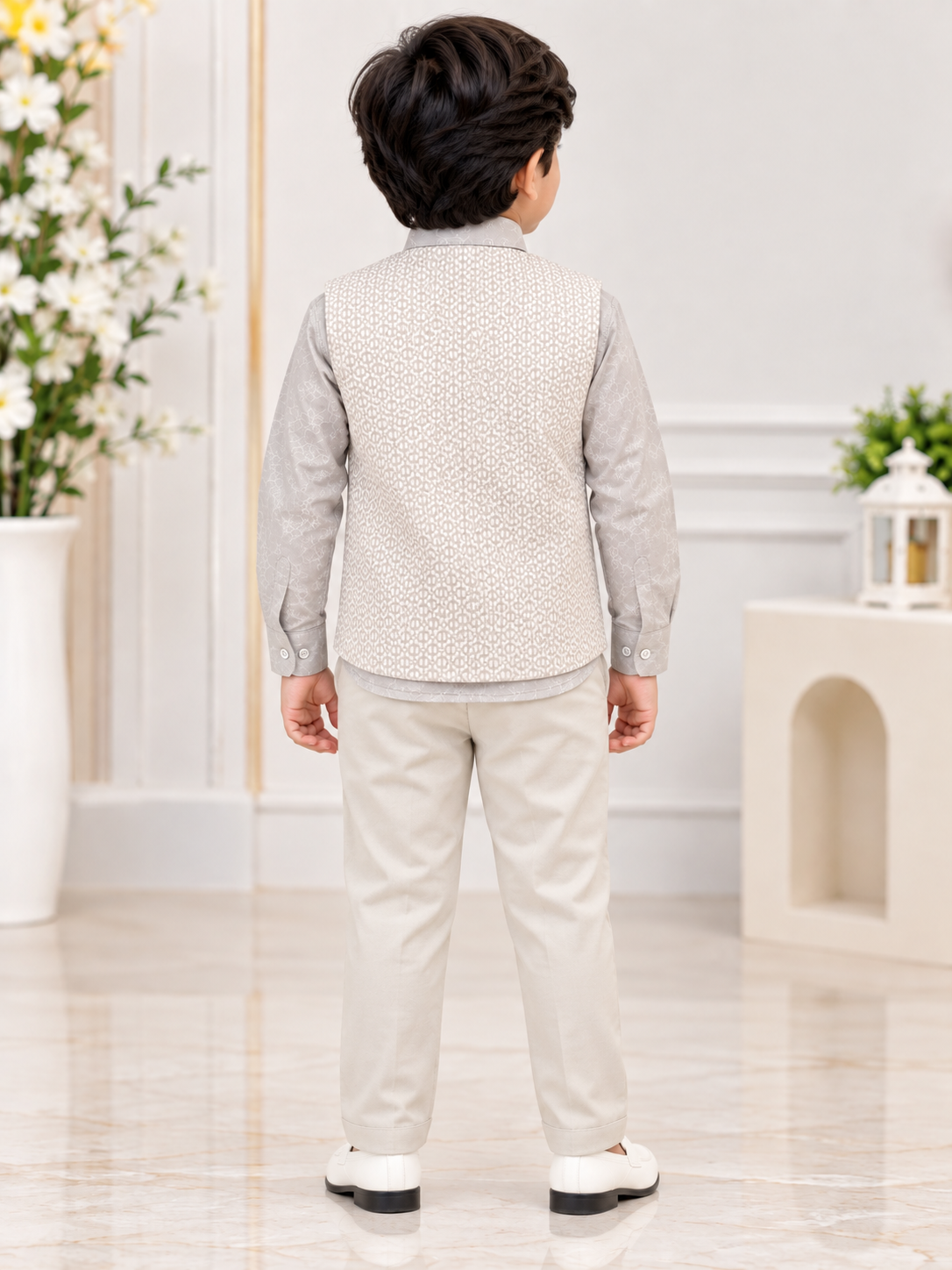 Boys Light Grey Printed Blazer Shirt & Pant Party Wear Set