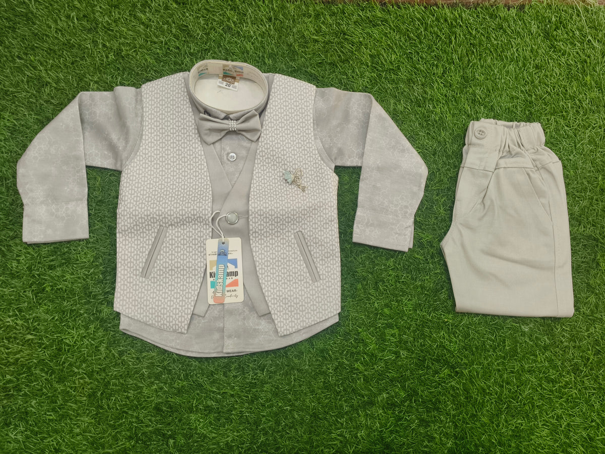 Boys Light Grey Printed Blazer Shirt & Pant Party Wear Set