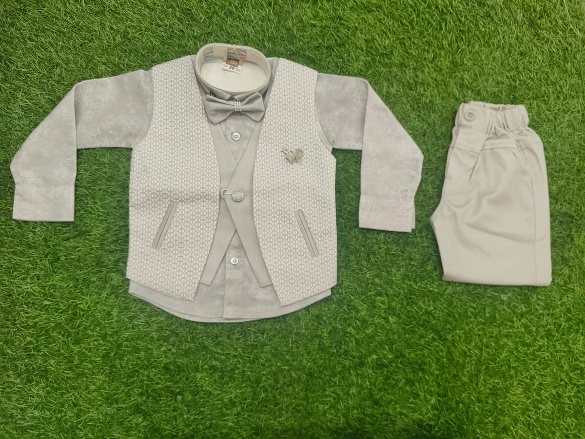 Boys Light Grey Printed Blazer Shirt & Pant Party Wear Set