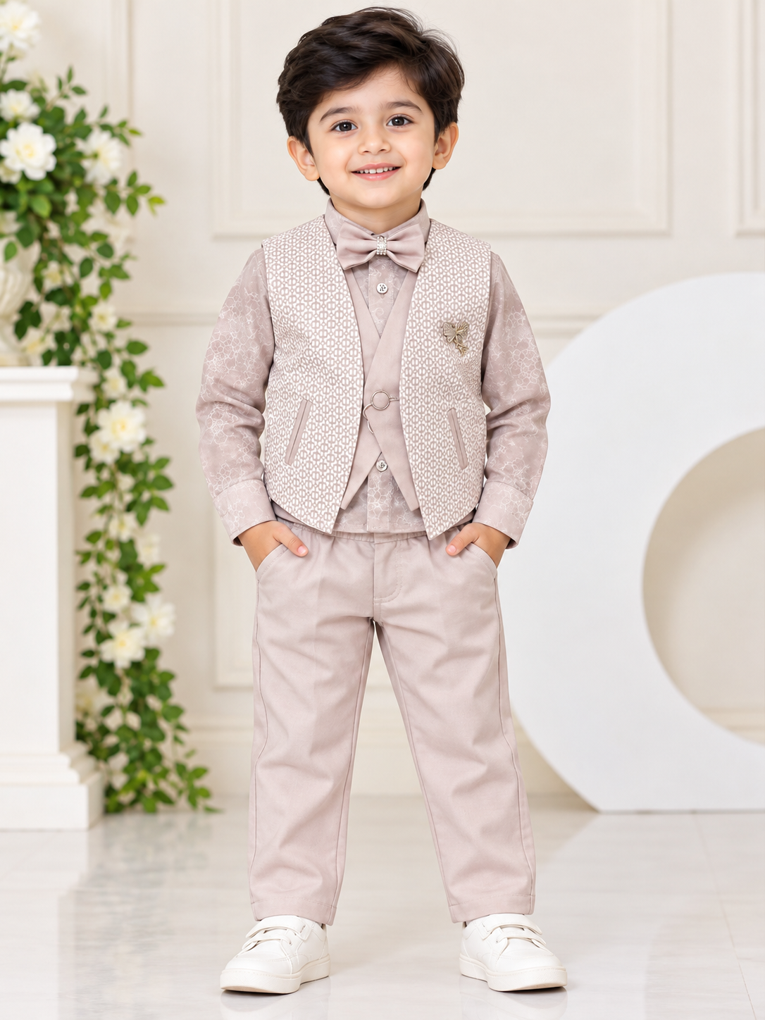Boys Light pink Printed Blazer Shirt & Pant Party Wear Set