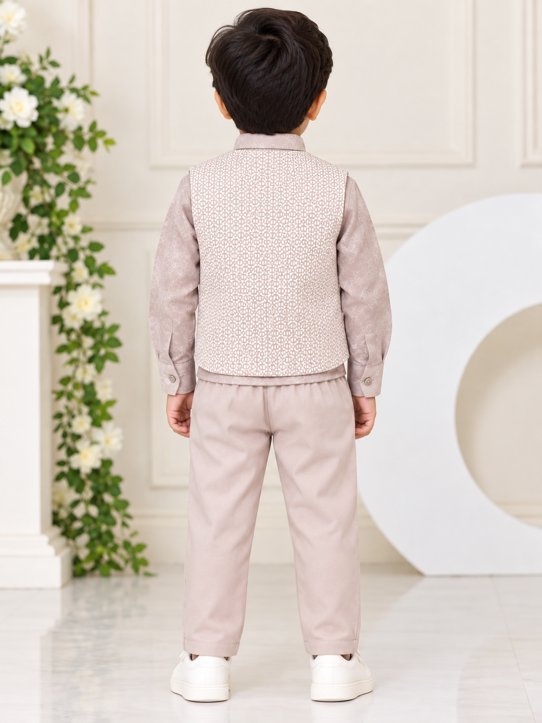 Boys Light pink Printed Blazer Shirt & Pant Party Wear Set