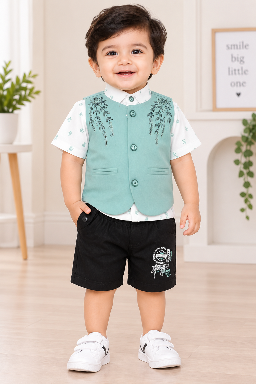 Boys Pista Green Waistcoat Shirt & Black Shorts Party Wear Set