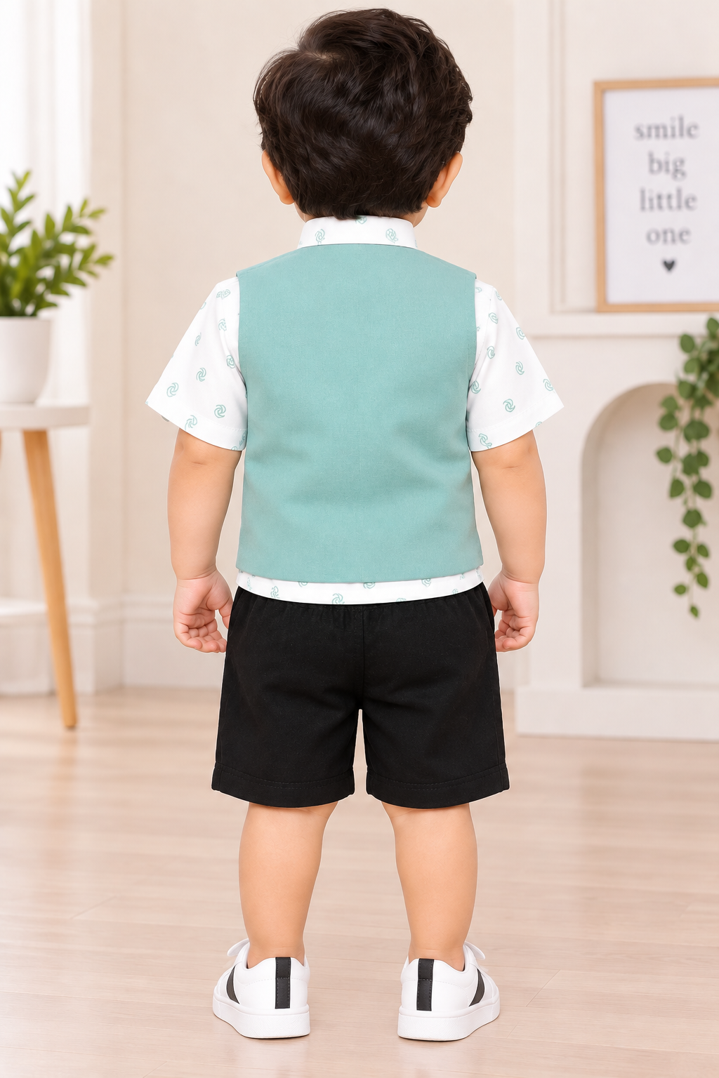 Boys Pista Green Waistcoat Shirt & Black Shorts Party Wear Set
