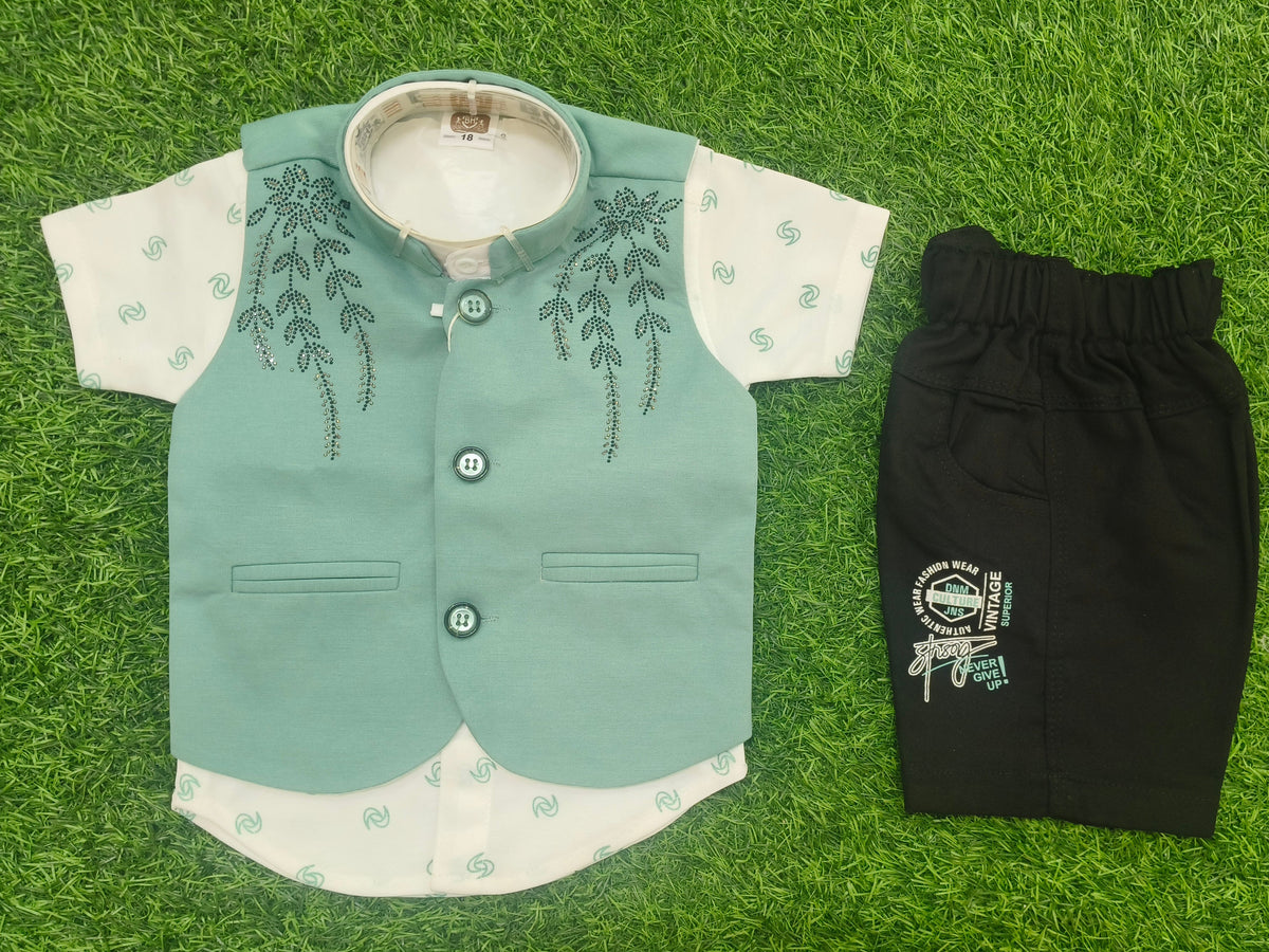 Boys Pista Green Waistcoat Shirt & Black Shorts Party Wear Set