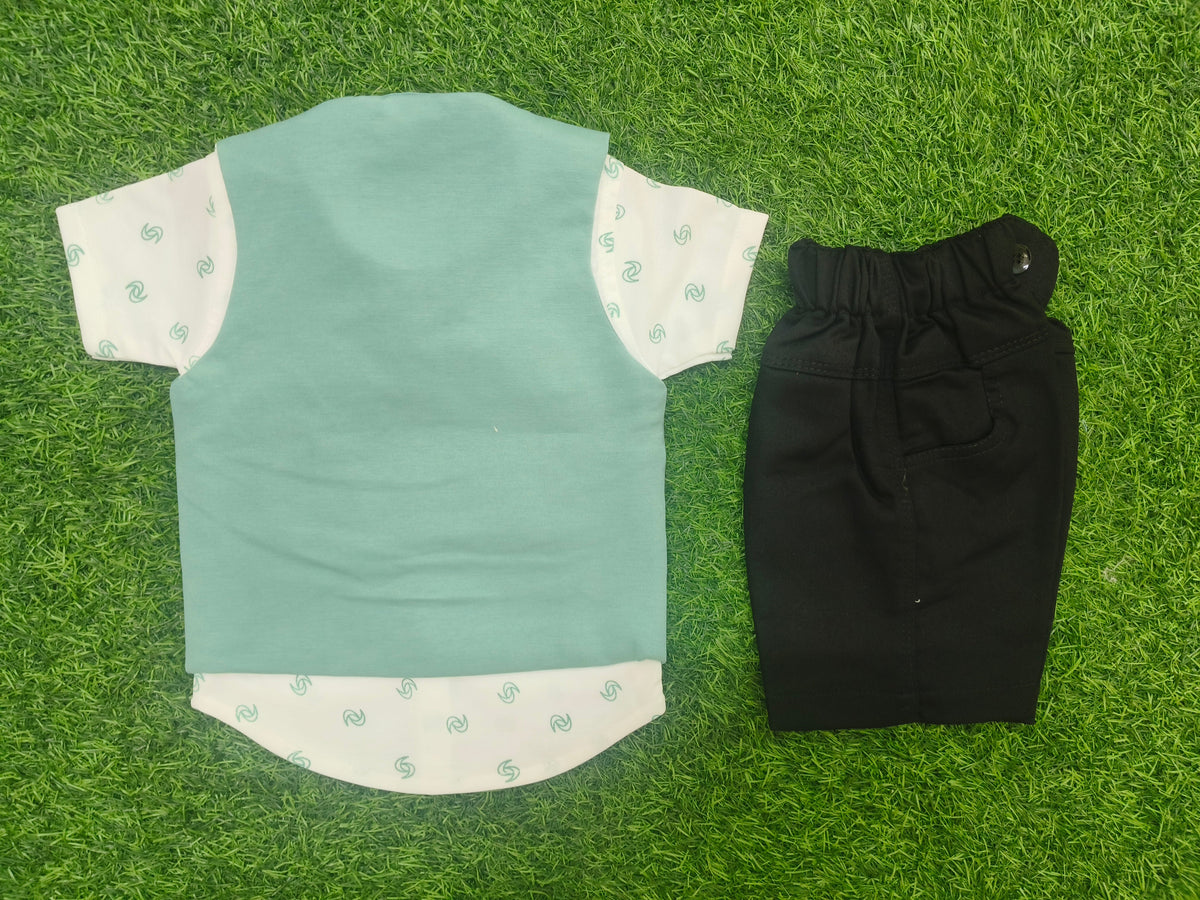 Boys Pista Green Waistcoat Shirt & Black Shorts Party Wear Set