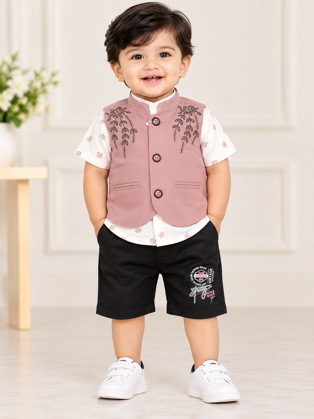 Boys Dusty Pink Waistcoat Shirt & Black Shorts Party Wear Set