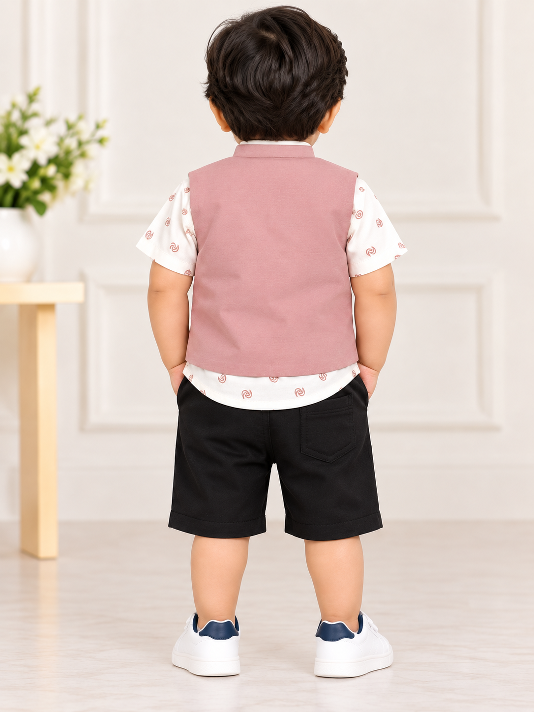 Boys Dusty Pink Waistcoat Shirt & Black Shorts Party Wear Set