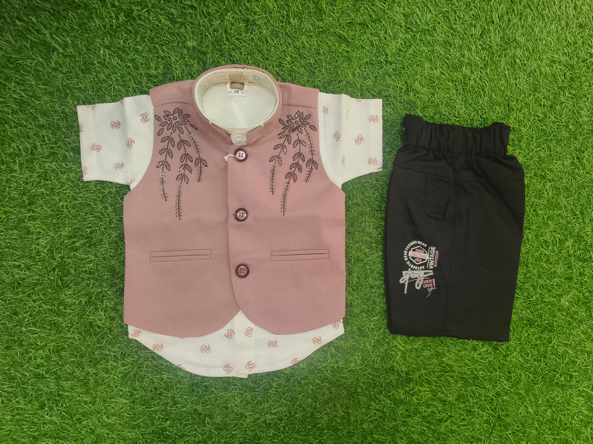 Boys Dusty Pink Waistcoat Shirt & Black Shorts Party Wear Set