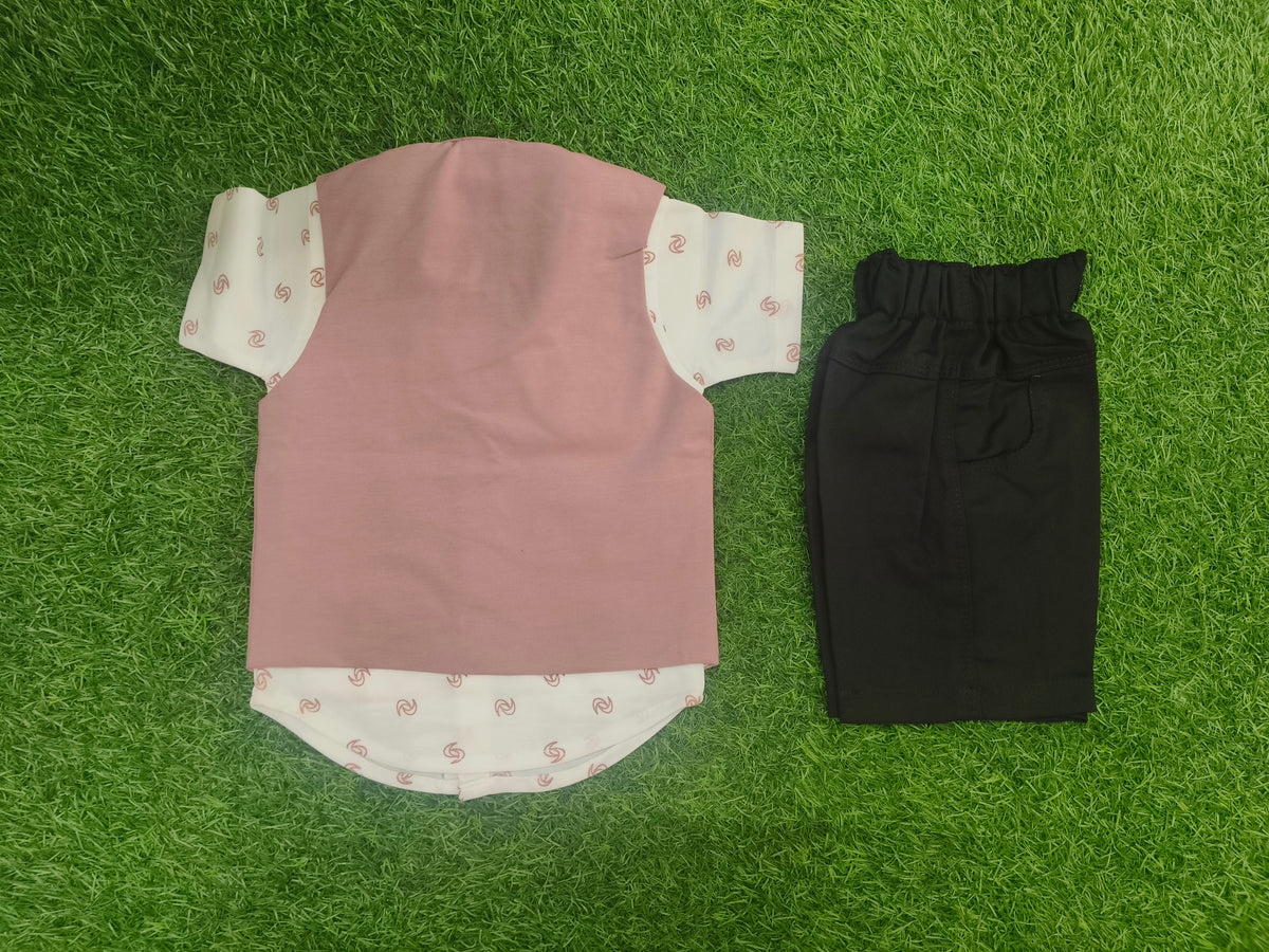 Boys Dusty Pink Waistcoat Shirt & Black Shorts Party Wear Set