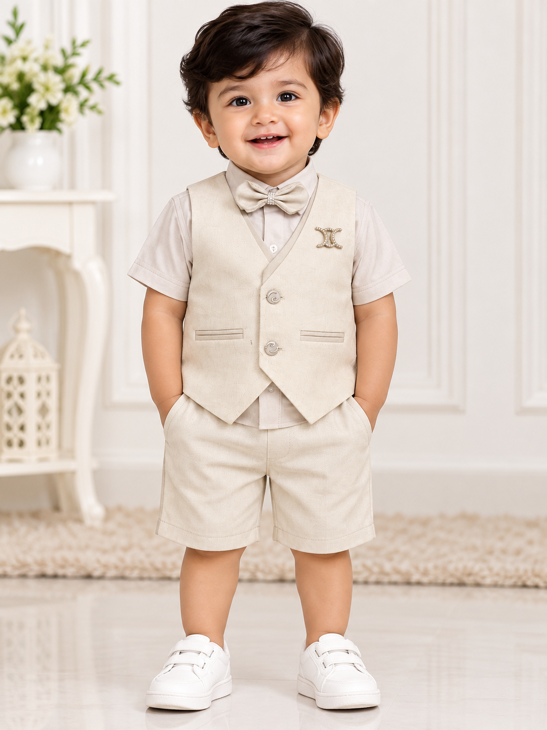 Boys Light Beige Waistcoat Shirt & Shorts Party Wear Set