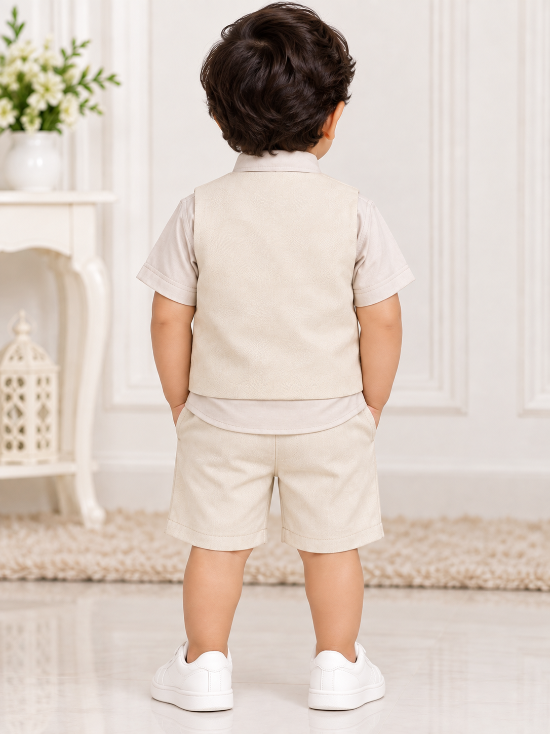 Boys Light Beige Waistcoat Shirt & Shorts Party Wear Set