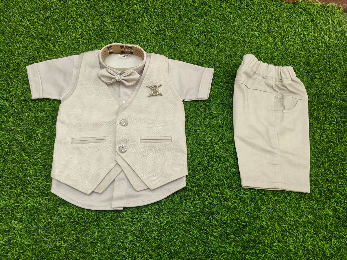 Boys Light Beige Waistcoat Shirt & Shorts Party Wear Set