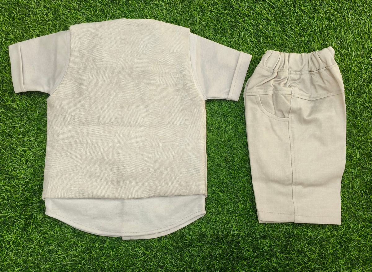 Boys Light Beige Waistcoat Shirt & Shorts Party Wear Set