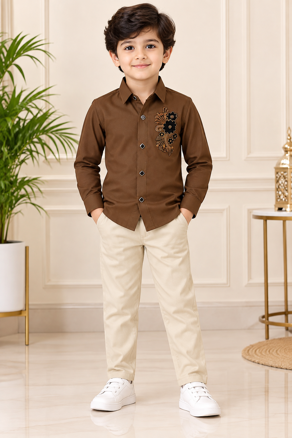 Boys Brown Embellished Full Sleeve Shirt & Cream Pant Set