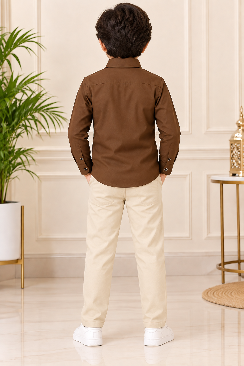 Boys Brown Embellished Full Sleeve Shirt & Cream Pant Set