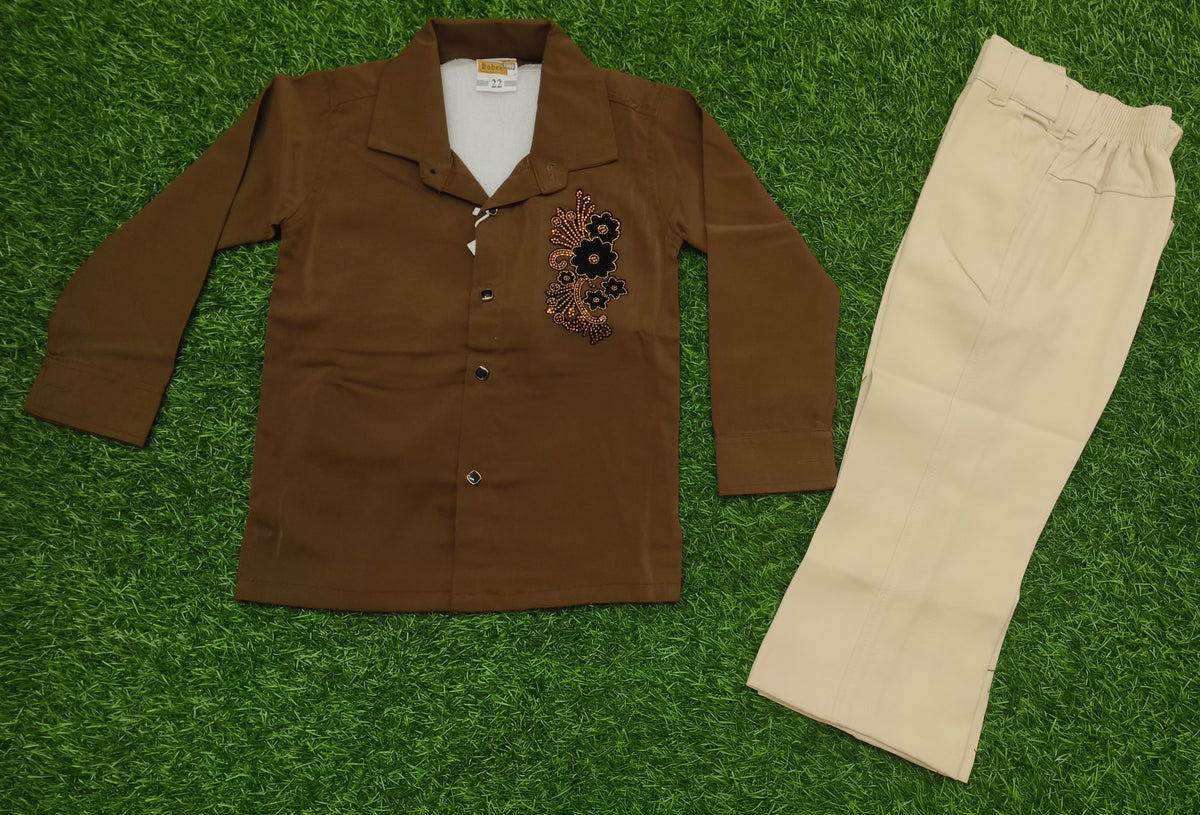 Boys Brown Embellished Full Sleeve Shirt & Cream Pant Set