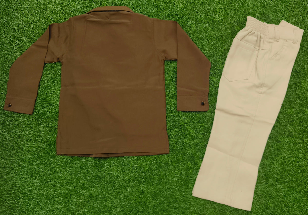 Boys Brown Embellished Full Sleeve Shirt & Cream Pant Set