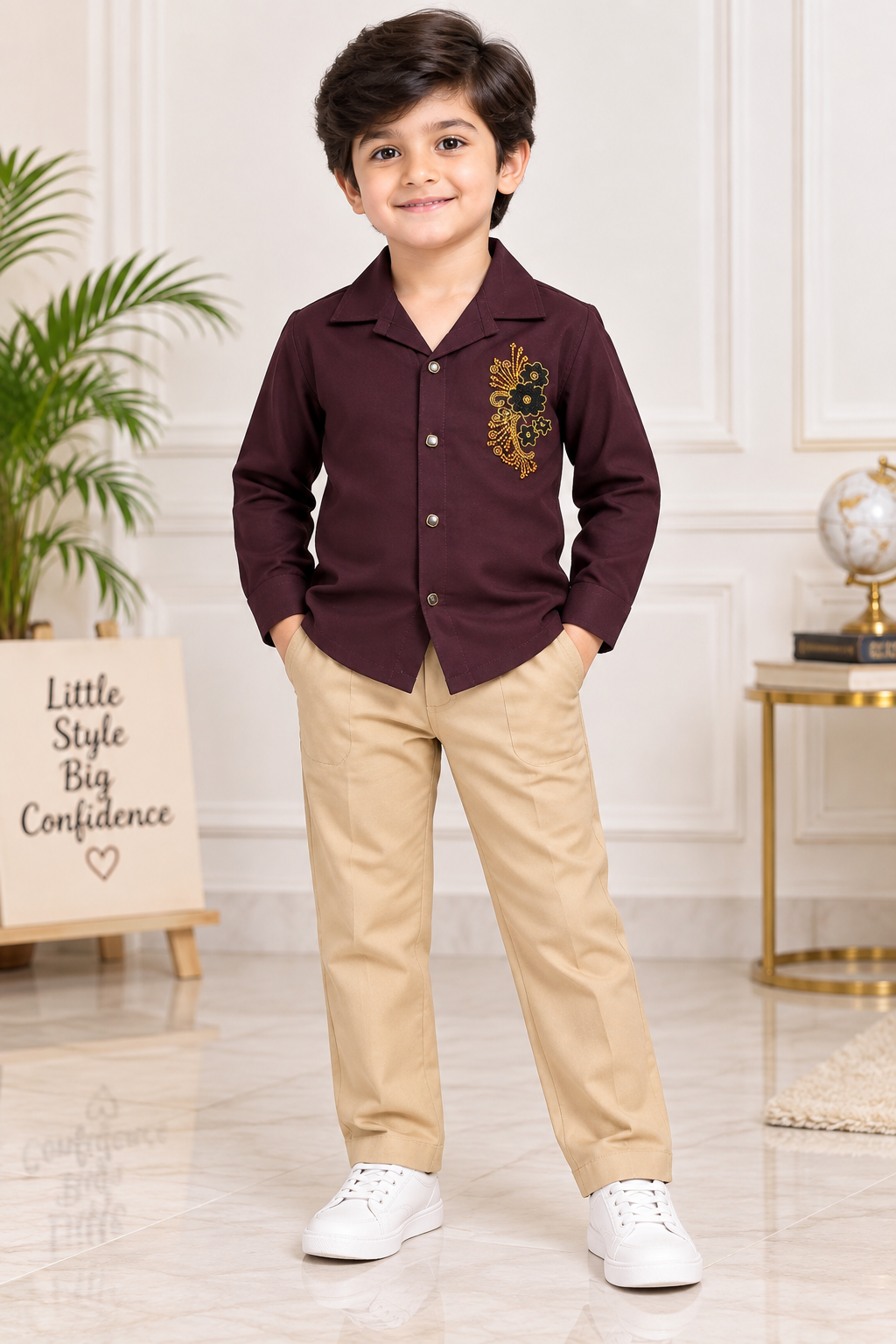 Boys Dark Purple Embellished Full Sleeve Shirt & Beige Pant Set
