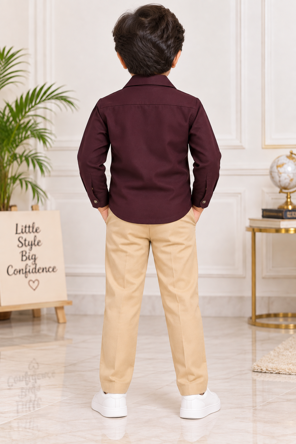 Boys Dark Purple Embellished Full Sleeve Shirt & Beige Pant Set