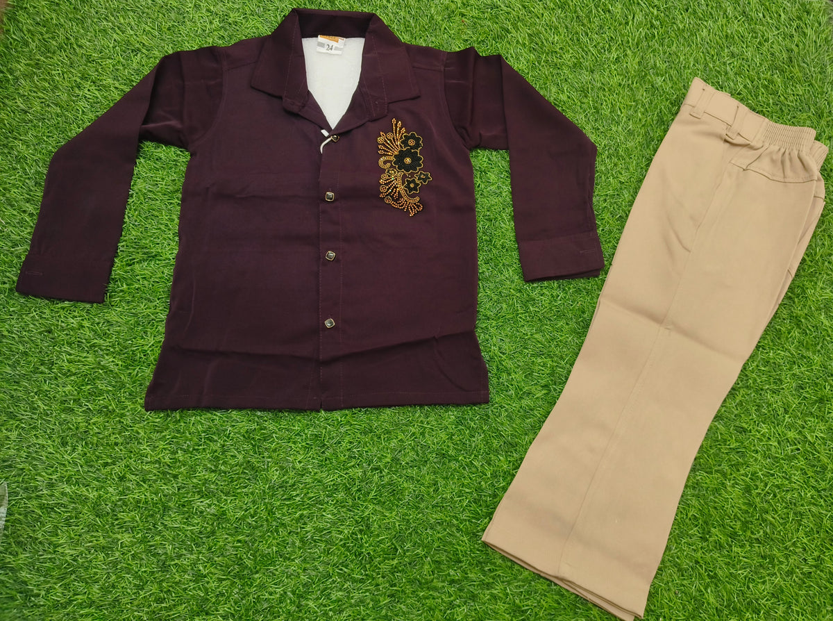 Boys Dark Purple Embellished Full Sleeve Shirt & Beige Pant Set
