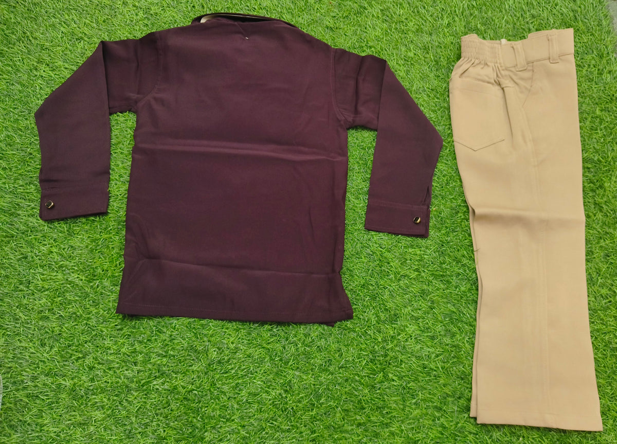 Boys Dark Purple Embellished Full Sleeve Shirt & Beige Pant Set